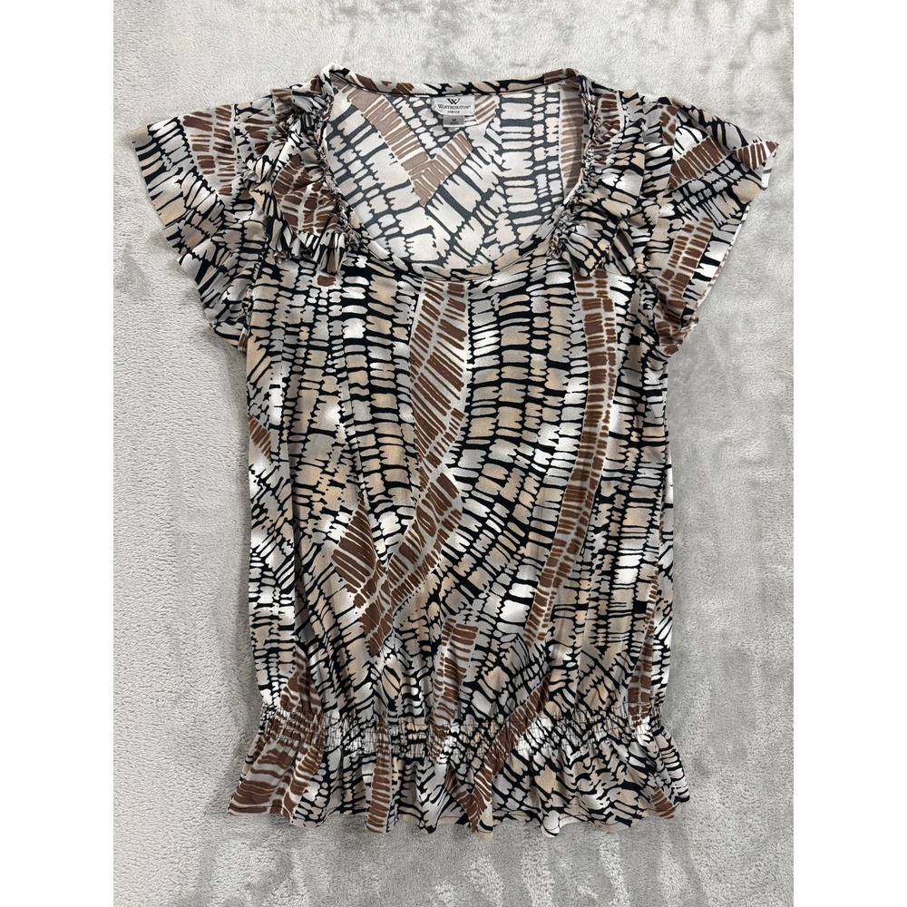 Worthington Shirt Womens‎ M Brown Ruffle Ikat Tribal Lightweight Scoop Neck